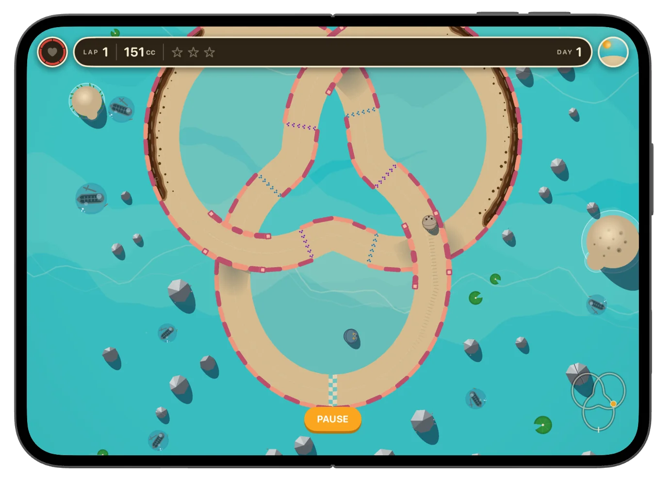 A Coral Shallows track with crossings, shown on a foldable phone