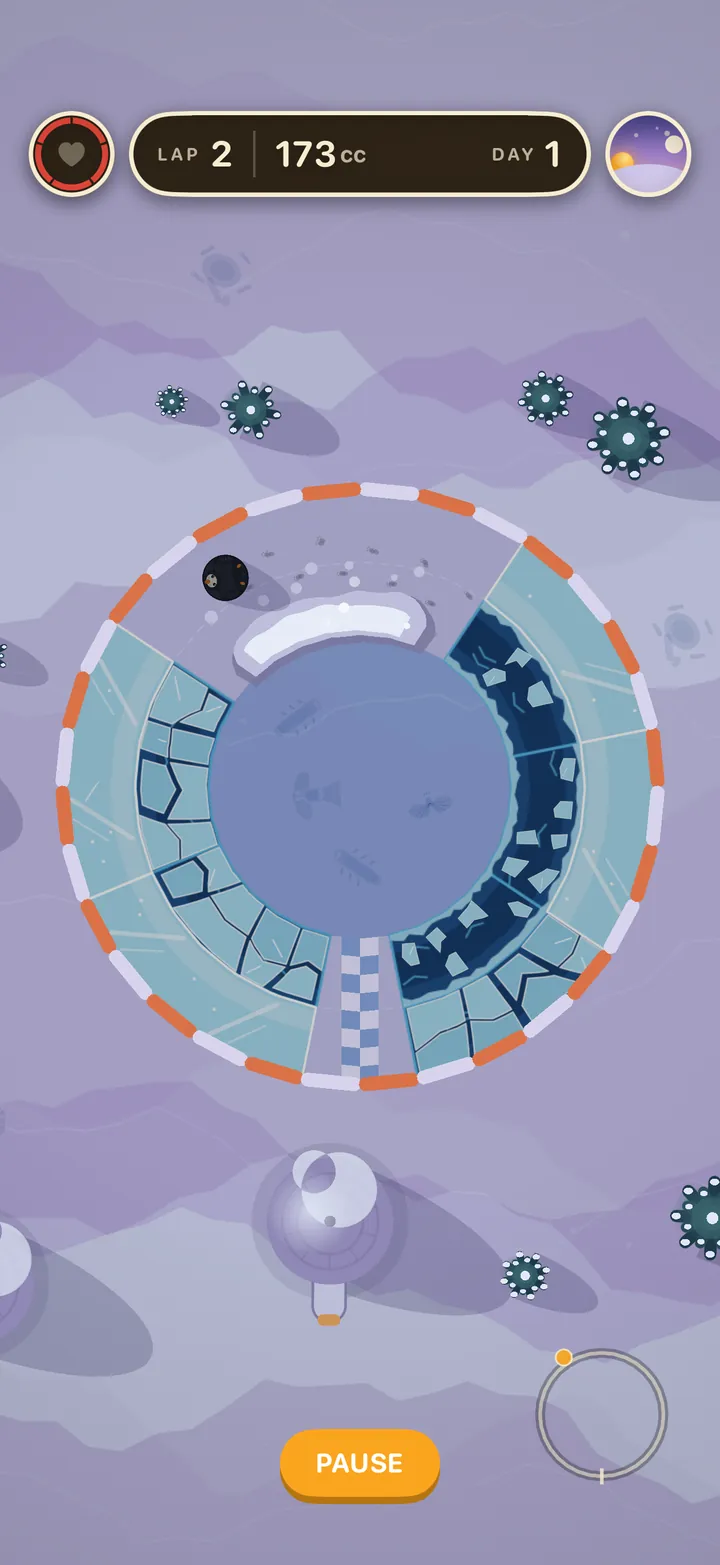 Snowball at dusk on lap 2: cracked plates on one side of the track and open water with floating ice on the other