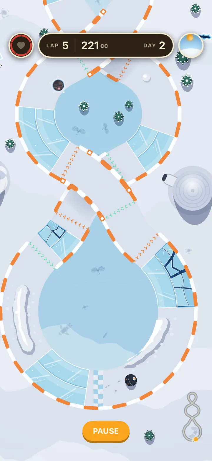 Snowman in Frost Valley: a tall figure-eight track over two frozen lakes, with ice lanes and switch gates