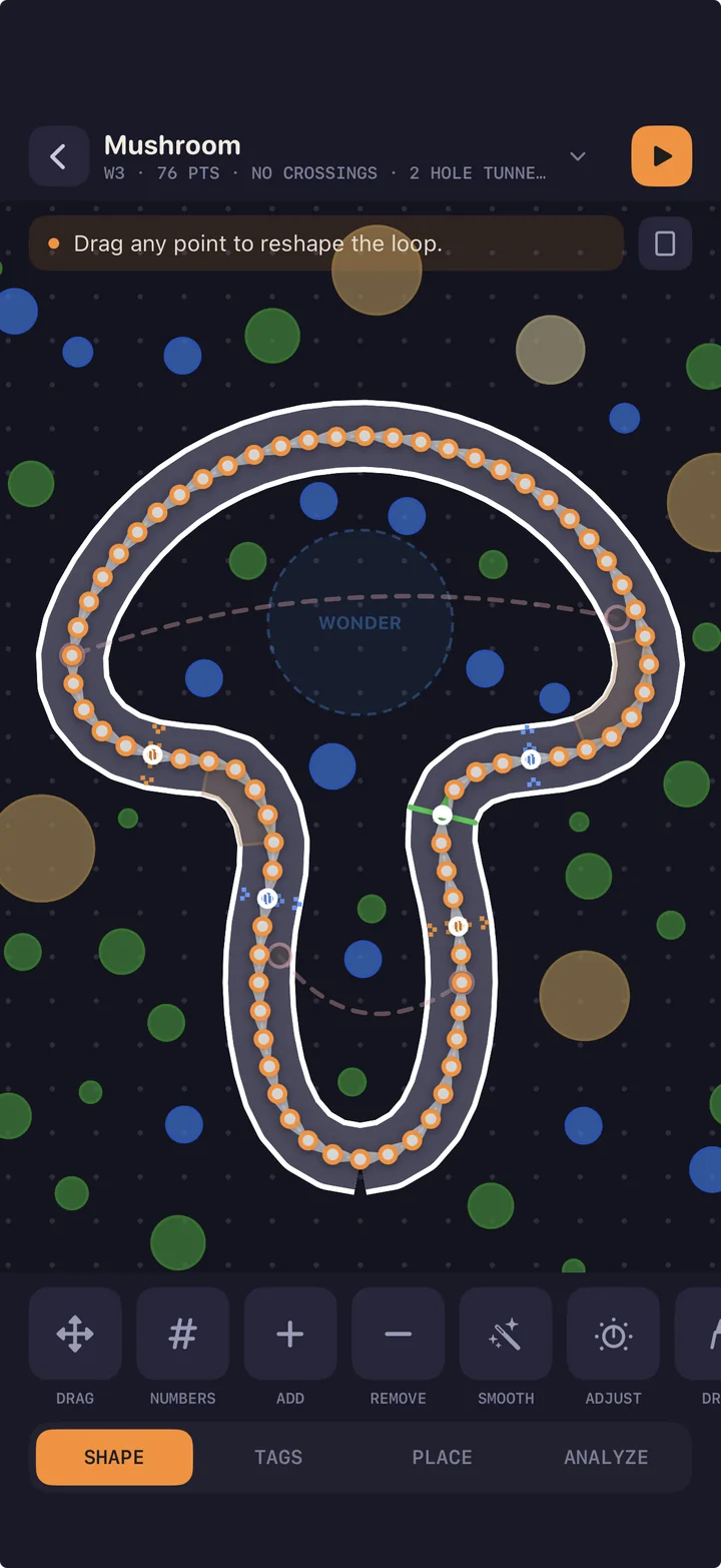 Mushroom in the Level Creator: the track outline with draggable point handles and the Shape tools