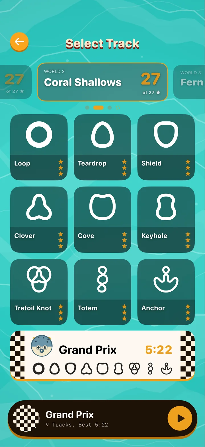 Final level selector for Coral Shallows: a 3 by 3 grid of track shapes with stars, and the Grand Prix selected at the bottom with all nine tracks and a best time of 5:22