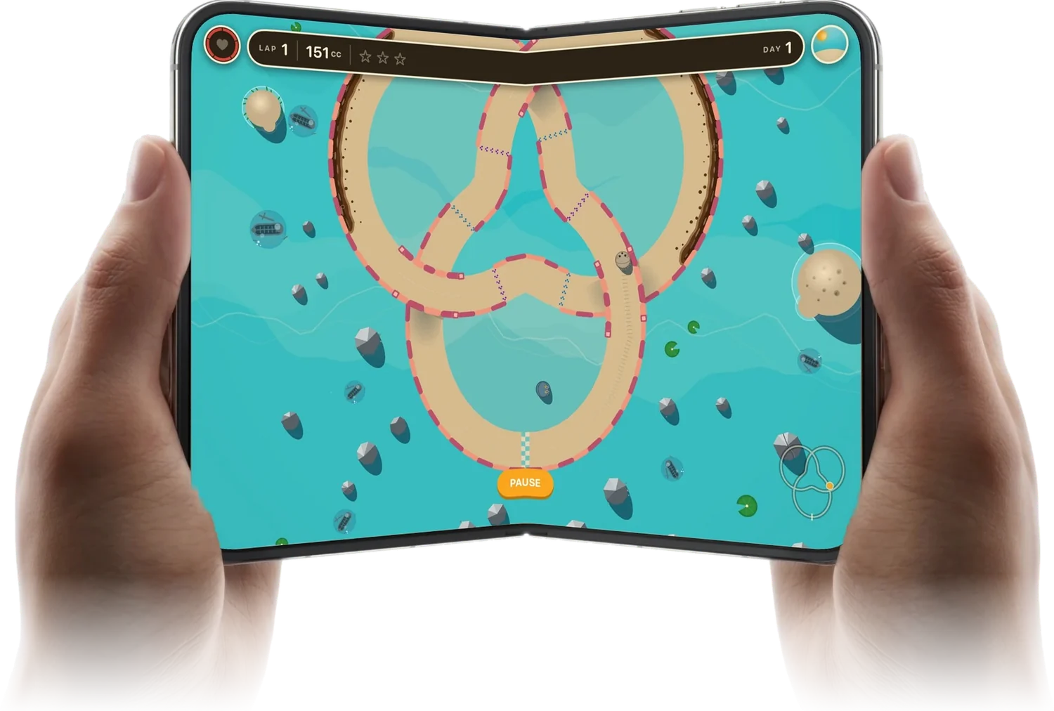 Animal Loop's Coral Shallows trefoil track across the open iPhone Duo, held in two hands