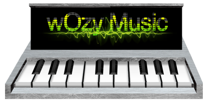 A piano with a glowing "wOzy Music" sign